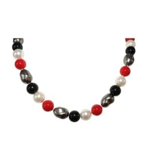 Red, black, white, and silver beaded necklace.