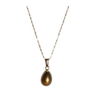 Gold necklace with brown teardrop pendant.