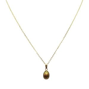 Gold chain with brown pearl pendant.