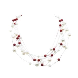 Multistrand necklace with red and white beads.