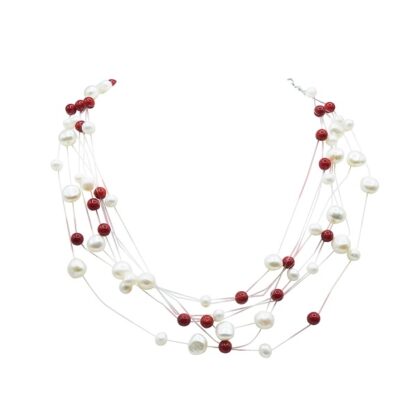 Red Coral with White Pearl Illusion Necklace