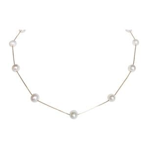 Gold necklace with pearls evenly spaced.