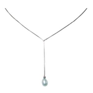 Silver necklace with single pearl pendant.