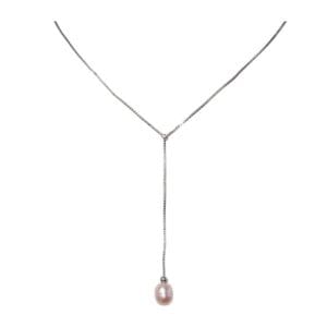 Silver necklace with pink pearl pendant.