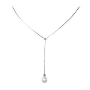 Silver necklace with a dangling pearl pendant.