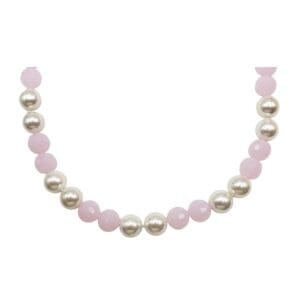 Pearl and pink bead necklace on display.