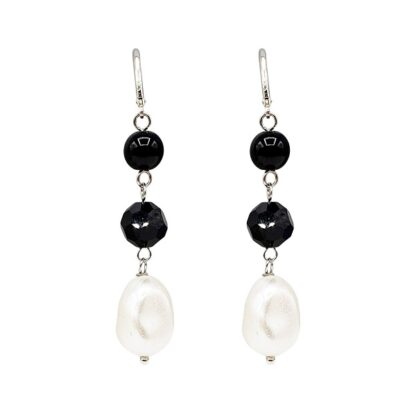 Black Jade, Black Crystal and White Baroque Pearl Necklace and Earring Set - Image 5