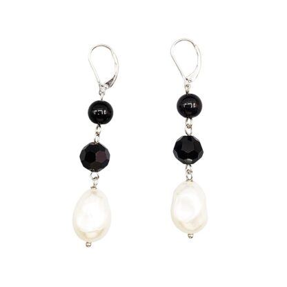 Black Jade, Black Crystal and White Baroque Pearl Necklace and Earring Set - Image 6