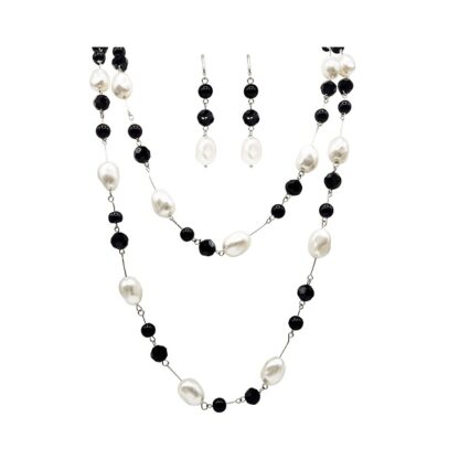 Black Jade, Black Crystal and White Baroque Pearl Necklace and Earring Set