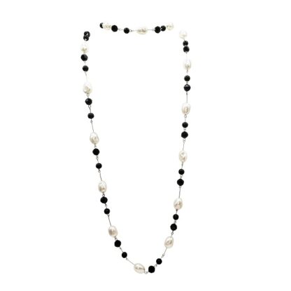 Black Jade, Black Crystal and White Baroque Pearl Necklace and Earring Set - Image 2