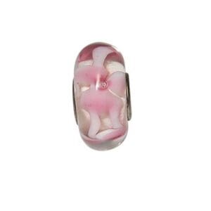 Pink floral glass bead with silver core.