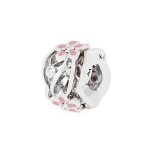 Silver charm with pink flowers and crystals.