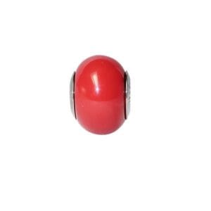 Red oval bead with metal accents.