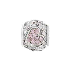 Silver charm with pink heart design.