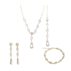 CZ - Back-Front CZ Necklace, Bracelet and Earring Set with Gold and Pearl (All pieces may also be purchased separately)