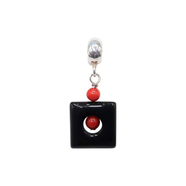 Black Square Onyx with Red Coral Center Charm