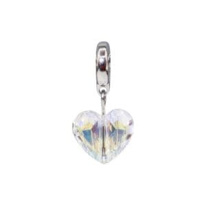 Heart-shaped crystal charm with silver loop.