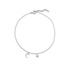 Silver anklet with moon and star charms.