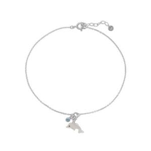 Silver bracelet with dolphin charm and gemstone.