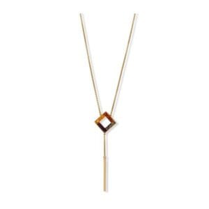 Gold necklace with square pendant design.