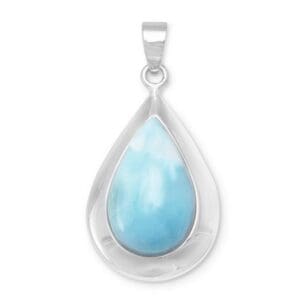 Teardrop-shaped blue stone pendant necklace.