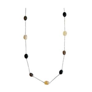 Silver necklace with multicolored beads.