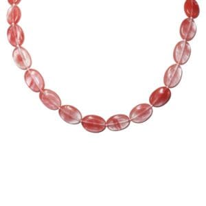 Red oval bead necklace on white background.