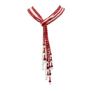 Red and white beaded necklace with tassels.