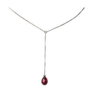 Silver chain with red teardrop pendant.