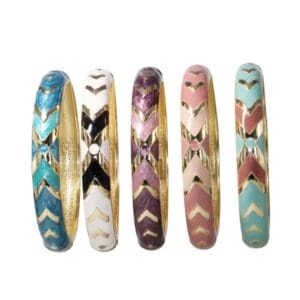 Colorful enamel bracelets with chevron patterns.
