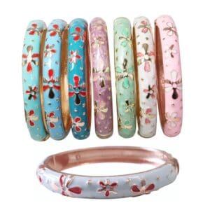 Colorful floral bangles in various pastel shades.