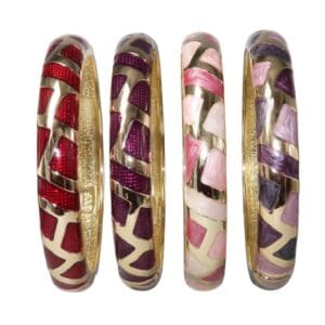 Colorful mosaic-patterned bangles with gold accents.