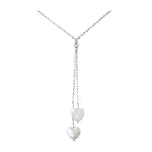 Silver necklace with two heart-shaped pendants.