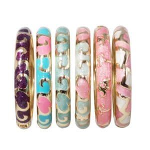 Colorful enamel bangles with gold designs.