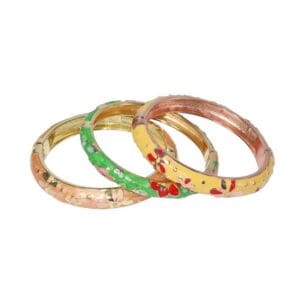 Colorful floral bangles arranged in a stack.