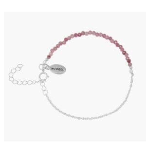 Pink and silver beaded bracelet with tag.