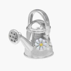 Silver watering can charm with flower design.