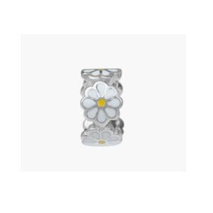 Silver charm with white daisy design.