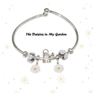 Bracelet with daisy charms and text.