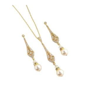 Gold jewelry set with pearls and crystals.