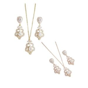 Gold necklace and earrings with intricate designs.