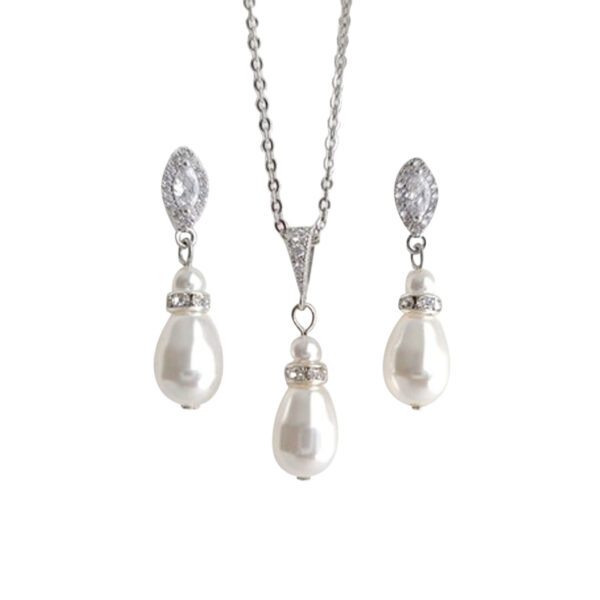 Pearl - Long Pear-Shape Pearl Drop with Gold OR Silver CZ Necklace and Earring Set (Pieces may be purchased separately) - Image 2
