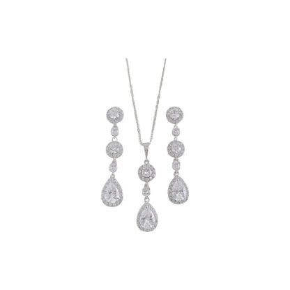 CZ - Long Style Round and Teardrop Shaped CZs with Silver Necklace and Earring Set (Pieces may also be purchased separately)