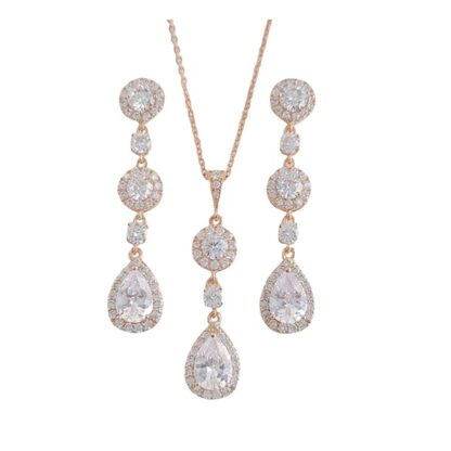 CZ - Long Style Round and Teardrop Shaped CZs with Rose Gold Necklace and Earring Set (Pieces may also be purchased separately)