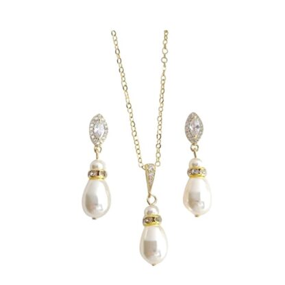 Pearl - Long Pear-Shape Pearl Drop with Gold and CZ Necklace and Earring Set (Pieces may be purchased separately)