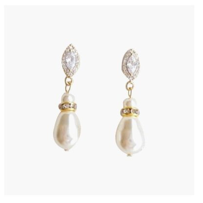 Pearl - Long Pear-Shape Pearl Drop with Gold and CZ Necklace and Earring Set (Pieces may be purchased separately) - Image 5