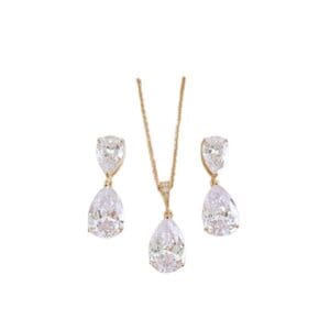 Diamond necklace and earrings set on white.