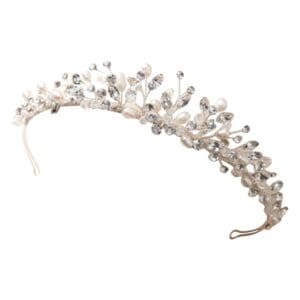 Elegant silver tiara with crystal embellishments.