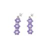 Silver-studded earrings featuring three vertical daisy designs, each with four dark lavender jade and pearl beads.