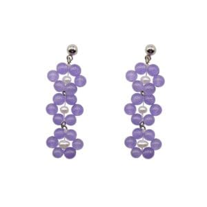 The Daisy earrings feature clusters of dark lavender jade and pearl floral designs with silver stud attachments, consisting of three daisy motifs.
